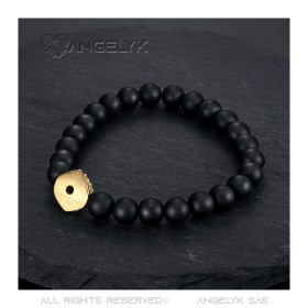 Bracelet onyx véritable Noir 8mm Tête de Lion acier et or  IM#26715