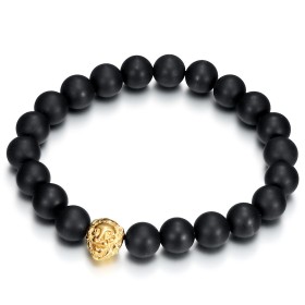 Bracelet onyx véritable Noir 10mm Tête de Lion acier et or  IM#26719