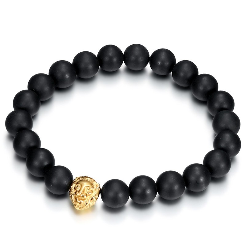 Echtes Armband aus schwarzem Onyx, 10 mm, Löwenkopf, Stahl und Gold, IM#26719