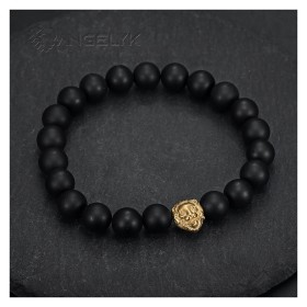 Echtes Armband aus schwarzem Onyx, 10 mm, Löwenkopf, Stahl und Gold, IM#26721