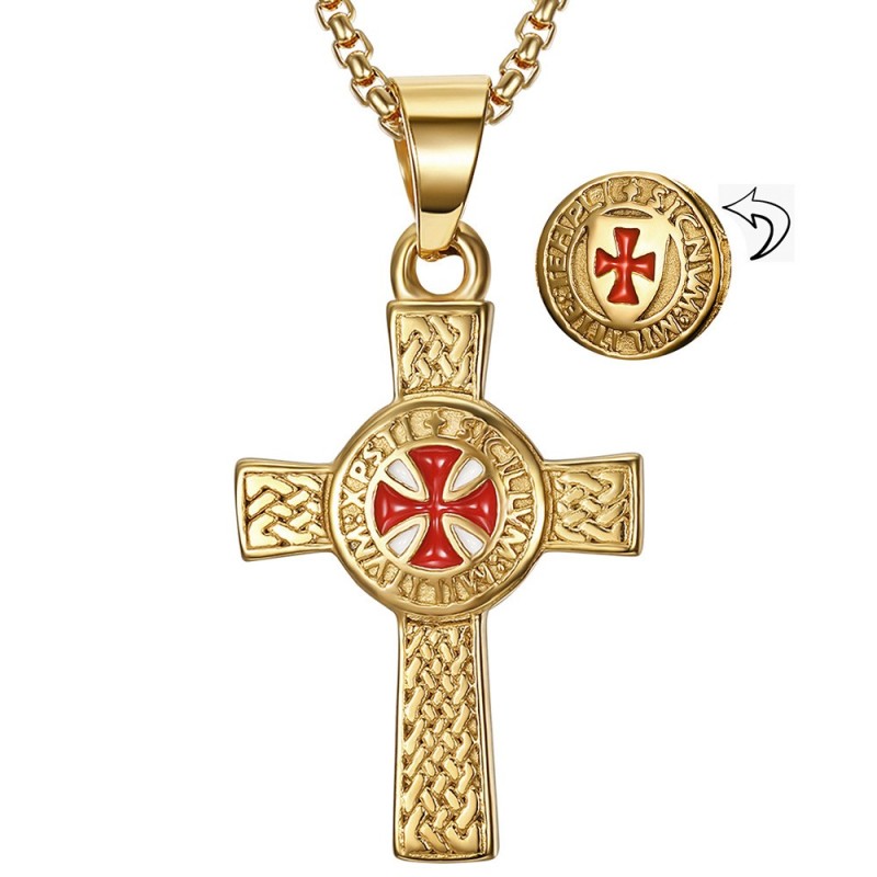 Templer-Anhänger Lateinisches Kreuz Templermotto Stahl Gold IM#26798