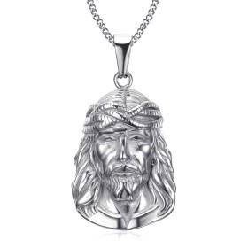 Pendentif tête de Christ Jésus Voyageur Acier inoxydable Argent  IM#26804