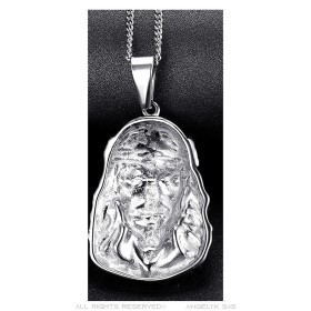 Pendentif tête de Christ Jésus Voyageur Acier inoxydable Argent  IM#26807