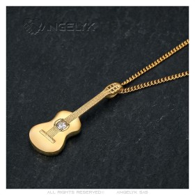 Kleiner Gitarrenanhänger Frau Kind Edelstahl Gold Diamant IM#26832