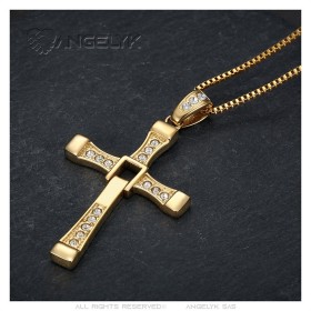 Fast and Furious collar Vin Diesel Cruz de acero inoxidable de oro IM#26838