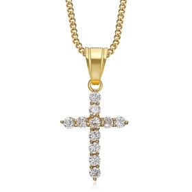 Pendentif femme croix dorée Acier inoxydable Diamants Zirconium  IM#26843