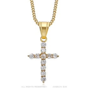 Pendentif femme croix dorée Acier inoxydable Diamants Zirconium  IM#26844