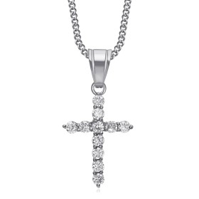 Pendentif femme croix argentée Acier inoxydable Diamants Zirconium  IM#26849