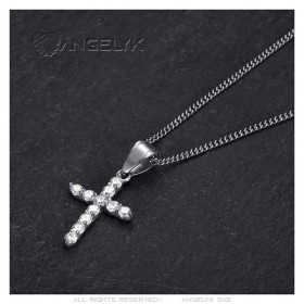 Woman pendant silver cross Stainless steel Zirconium diamonds IM#26851