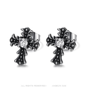 Boucles d'Oreilles croix Biker Gothique Acier inoxydable Zirconium  IM#26880