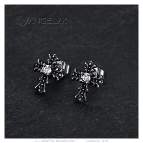 Boucles d'Oreilles croix Biker Gothique Acier inoxydable Zirconium  IM#26881