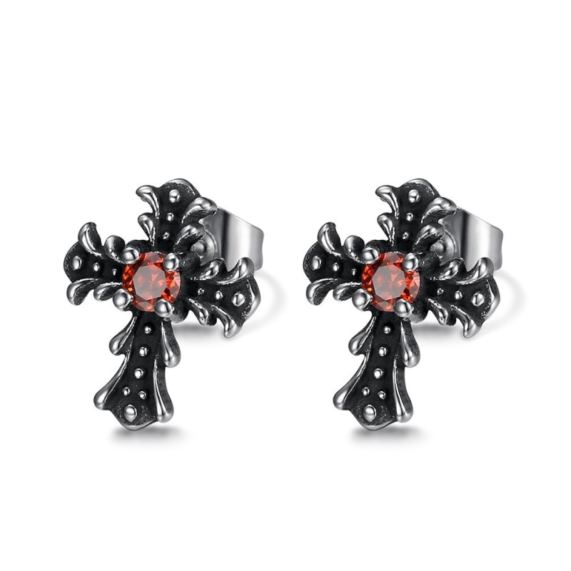 Boucles d'Oreilles croix Biker Gothique Acier inoxydable Rouge rubis  IM#26884