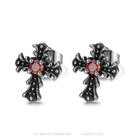 Boucles d'Oreilles croix Biker Gothique Acier inoxydable Rouge rubis  IM#26885