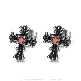 Pendientes cruz Biker Gothic Acero inoxidable Rojo rubí IM#26885