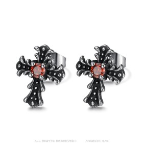Orecchini croce Biker Gotico Acciaio inossidabile Rosso rubino IM#26885