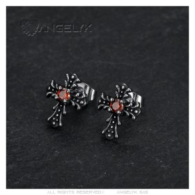 Boucles d'Oreilles croix Biker Gothique Acier inoxydable Rouge rubis  IM#26886