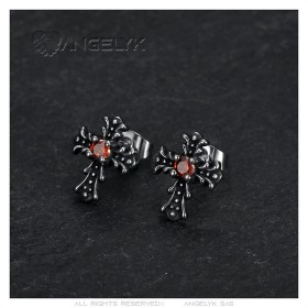 Earrings cross Biker Gothic Stainless steel Ruby red IM#26886