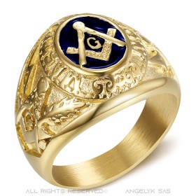 Anillo Chevalière Maestro Francmasón Medianoche Azul Oro Acero IM#26890