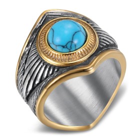 Bague Biker Indien Chaman Turquoise Or Acier inoxydable  IM#26928