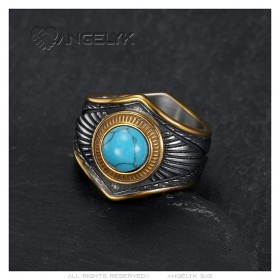 Indian Chaman Turquoise Gold Stainless Steel Biker Ring IM#26930