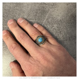 Bague Biker Indien Chaman Turquoise Or Acier inoxydable  IM#26932