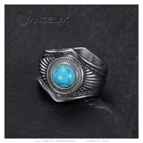 Indian Chaman Turquoise Silver Stainless Steel Biker Ring IM#26937