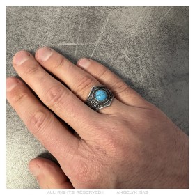 Bague Biker Indien Chaman Turquoise Argent Acier inoxydable  IM#26939