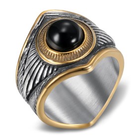 Indian Chaman Biker Ring Black Onyx Gold Stainless Steel IM#26942