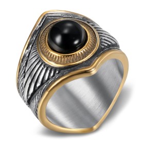 Biker Ring Indianer Schamane Onyx schwarz Gold Edelstahl IM#26942