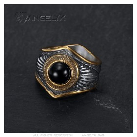 Indian Chaman Biker Anillo Negro Onyx Oro Acero Inoxidable IM#26944