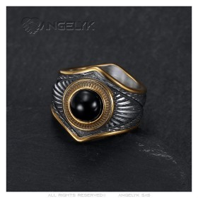 Biker Ring Indianer Schamane Onyx schwarz Gold Edelstahl IM#26944