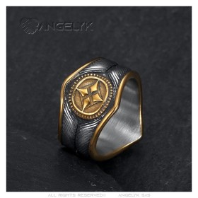 Biker Ring Indianer Schamane Onyx schwarz Gold Edelstahl IM#26945