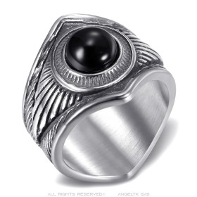 Bague Biker Indien Chaman Onyx noir Argent Acier inoxydable  IM#26950