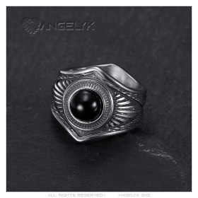 Bague Biker Indien Chaman Onyx noir Argent Acier inoxydable  IM#26951