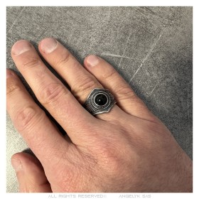 Anello Chaman indiano per motociclisti Onice nero Argento Acciaio inossidabile IM#26953