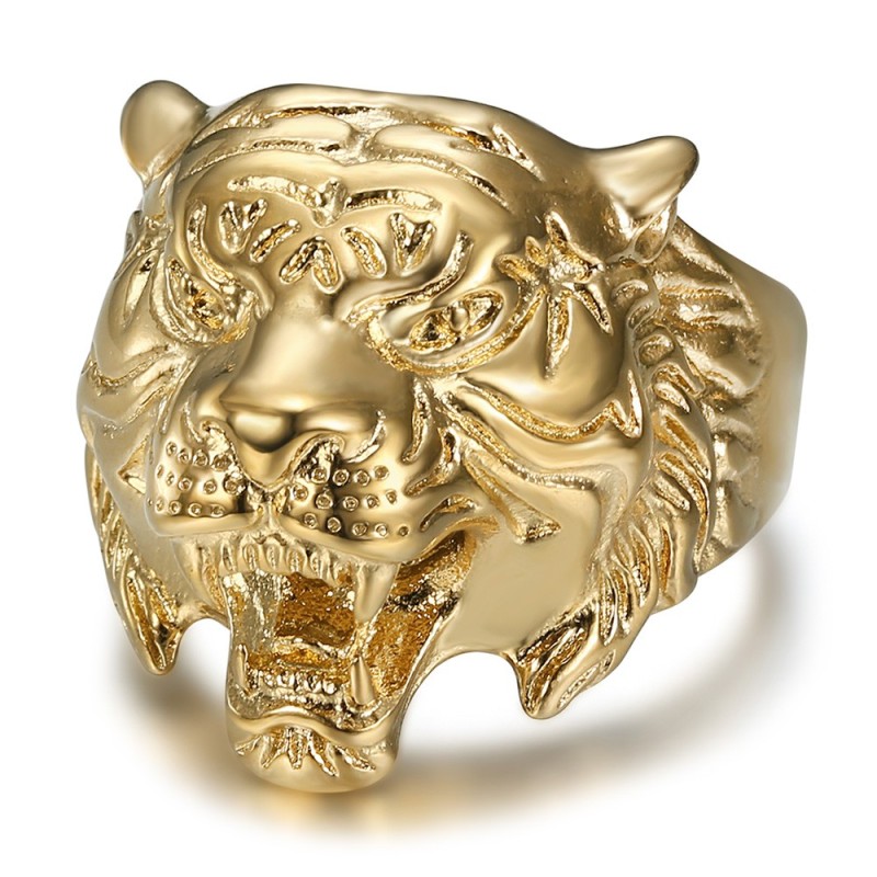 Anello tigre Anello con sigillo da uomo Acciaio inossidabile dorato con oro fino  IM#26956