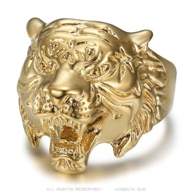 Tiger ring Men's signet ring Stainless steel gilded with fine gold  IM#26957