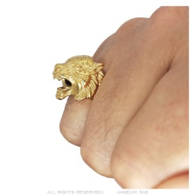 Anillo con tigre Anillo de sello para hombre Acero inoxidable dorado con oro fino  IM#26960