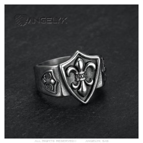 Bague fleur de lys Blason Templier Acier inoxydable Argenté  IM#27004