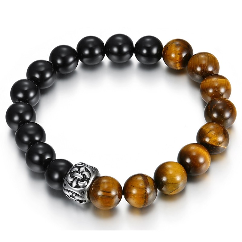 Genuine Tiger Eye and Onyx 10mm Fleur de Lys Charm Bracelet IM#27023