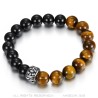 Bracelet Oeil de Tigre et Onyx Véritable 10mm Charm Fleur de Lys  IM#27024