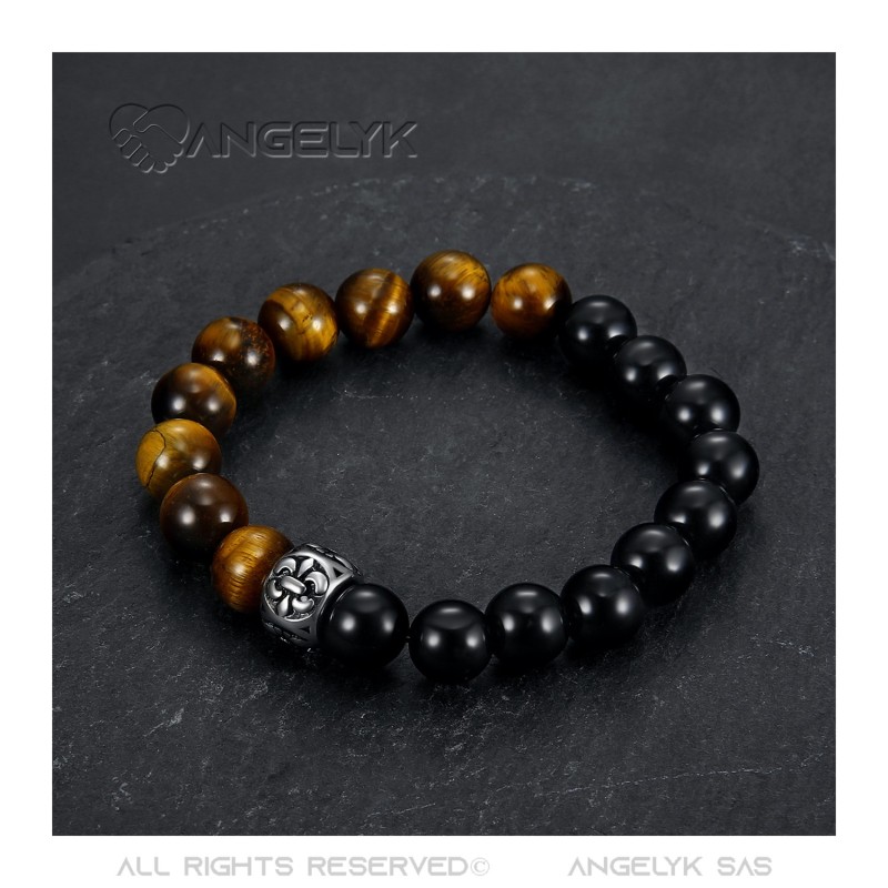 Tiger eye and Genuine Onyx 10mm Charm Fleur de Lys Bracelet