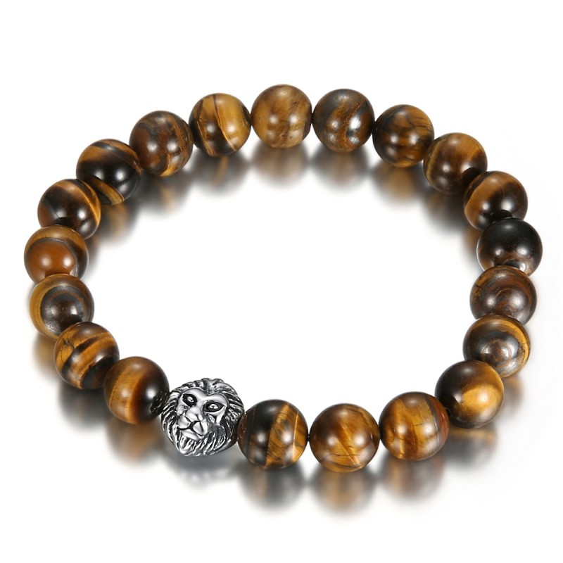 Bracelet Oeil de Tigre Véritable 10mm Lion Acier inoxydable  IM#27030