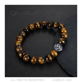 Bracelet Oeil de Tigre Véritable 10mm Lion Acier inoxydable  IM#27032