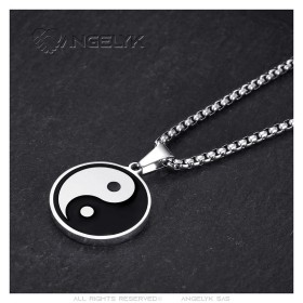 Pendentif Yin Yang Médaillon Symbole Acier inoxydable Argenté  IM#27044