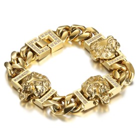 Bracelet lion Gourmette luxe Homme 3 têtes Or Diamants 19cm  IM#27054