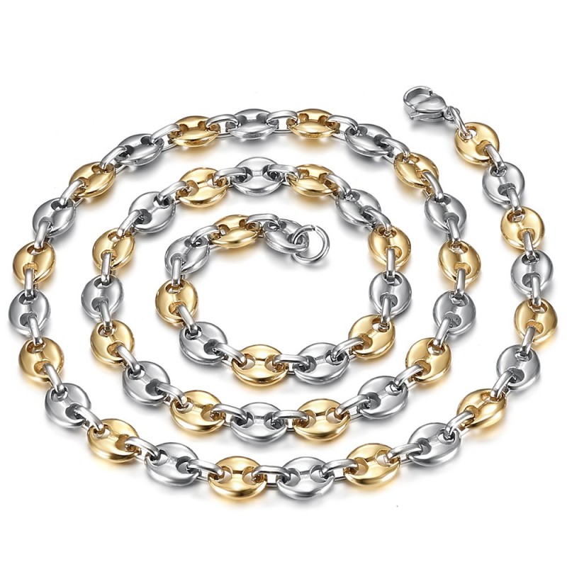 Two-tone coffee bean chain Stainless steel Silver Gold 7mm IM#27085