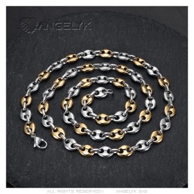 Two-tone coffee bean chain Stainless steel Silver Gold 7mm IM#27087