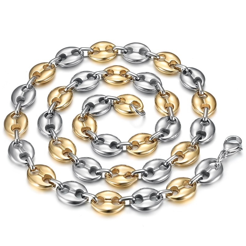Two-tone coffee bean chain Stainless steel Silver Gold 11mm IM#27095
