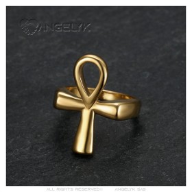 Ring Ankh Cross of Life Egypt Stainless steel Gold IM#27119
